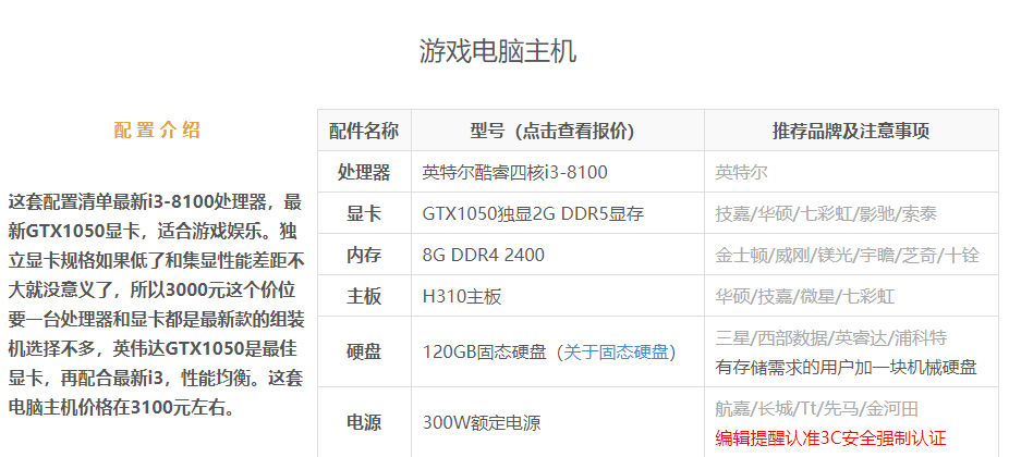 臺式電腦組裝配置單